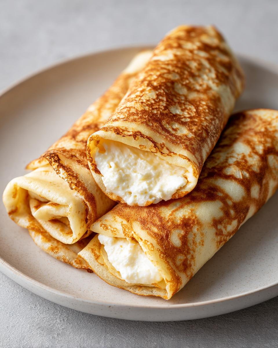Close-up of three golden-brown rolled cheese blintzes recipe filled with creamy white cheese filling, served on a light plate.