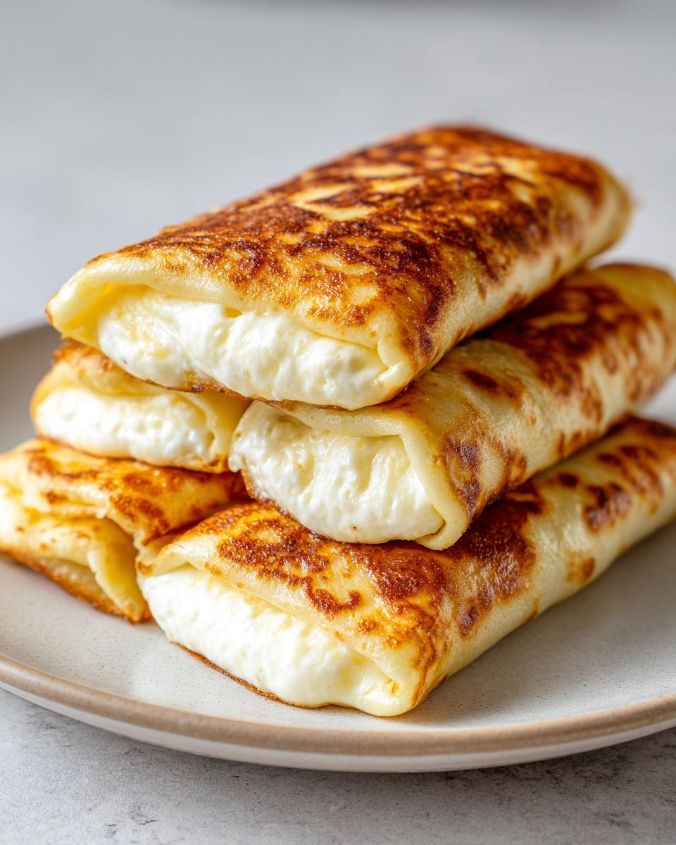 A stack of four golden-brown, pan-fried cheese blintzes filled with creamy white cheese filling.