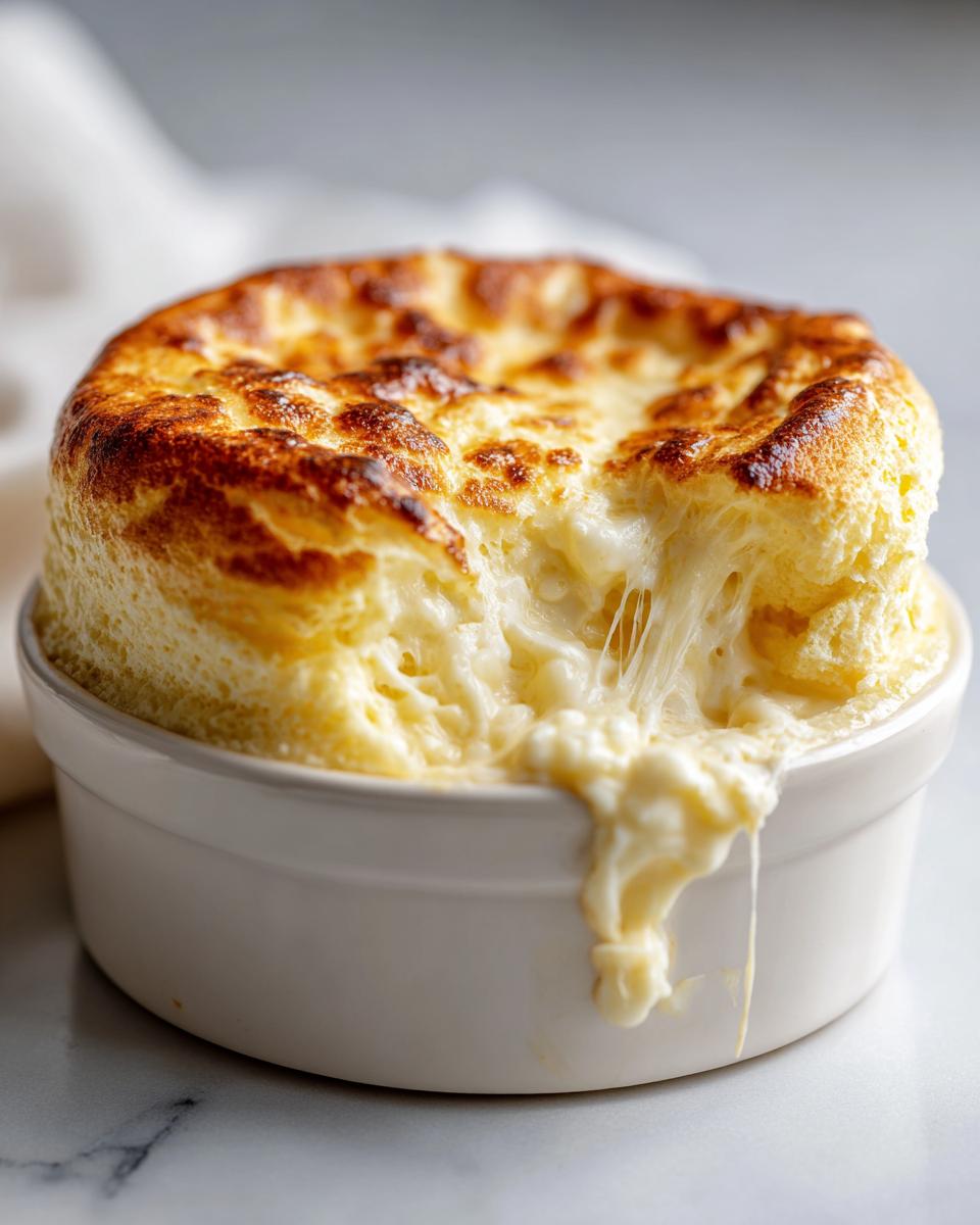 A perfectly risen, golden-brown Cheese soufflé oozing melted, stringy cheese from a white ramekin.