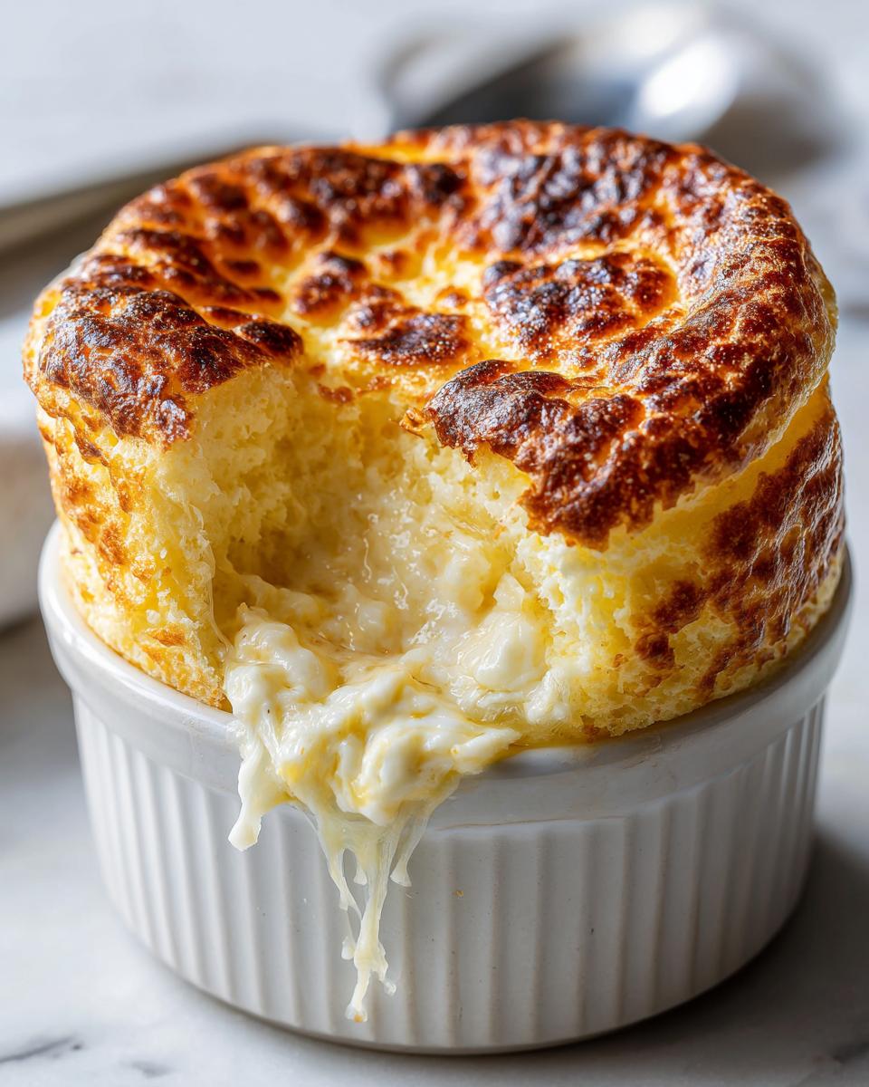 A perfectly risen cheese soufflé with a golden-brown top, showing a gooey, melted cheese center oozing out of a bite taken from it.