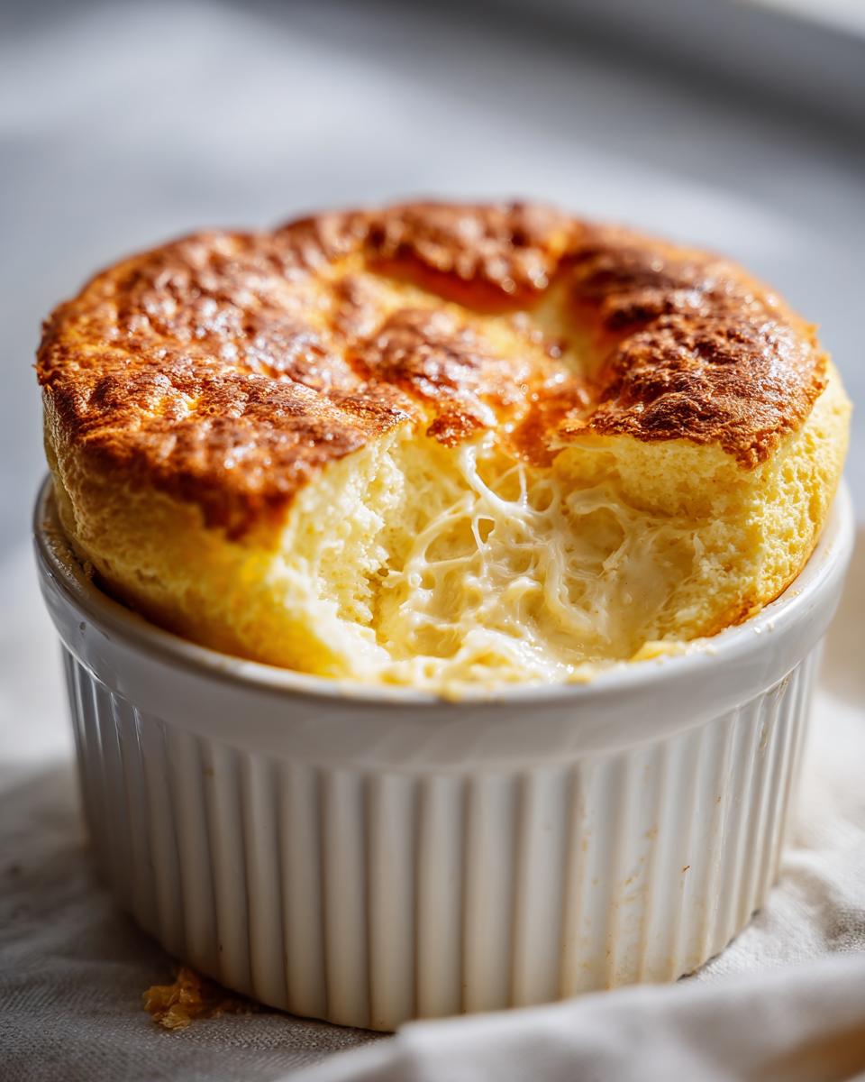 A golden brown, perfectly risen Cheese soufflé in a white ramekin with a bite taken out showing the melted, stringy cheese interior.