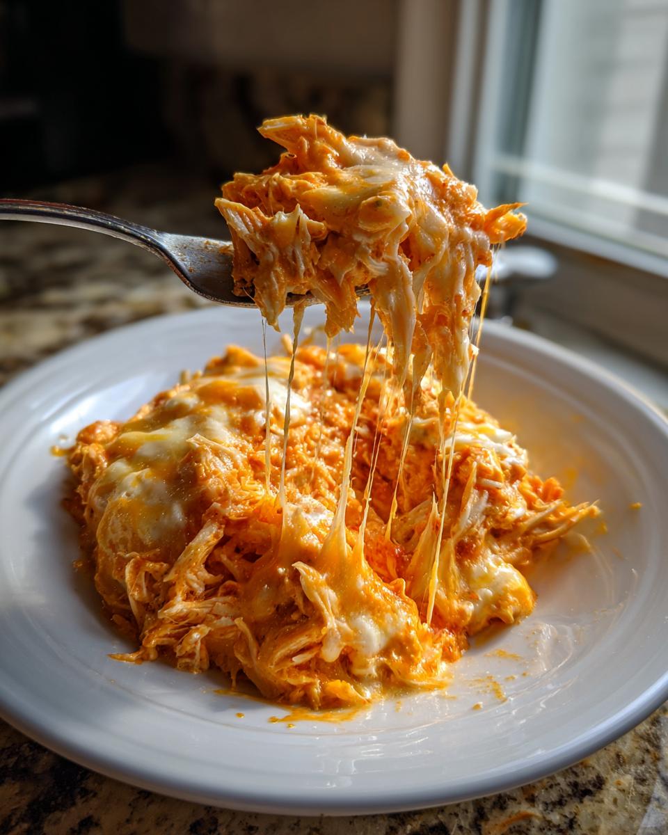 A fork lifts a generous serving of cheesy Buffalo chicken dip, showing long, dramatic cheese pulls.