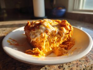 A generous serving of hot, cheesy Buffalo chicken dip with melted white cheese oozing over the bright orange mixture.