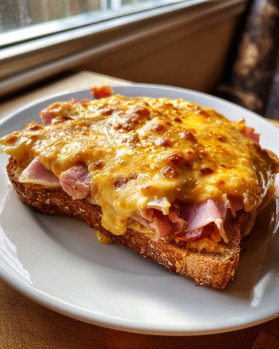 A close-up of a Kentucky Hot Brown sandwich with thick toasted bread, ham, and a generous layer of bubbling, browned cheese sauce.