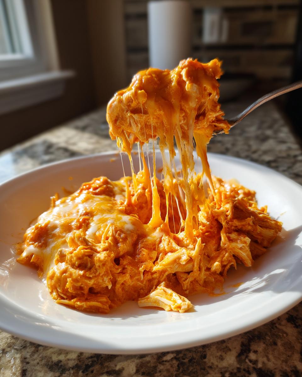 A fork lifts a cheesy, saucy portion of Buffalo chicken dip, showing long cheese pulls.