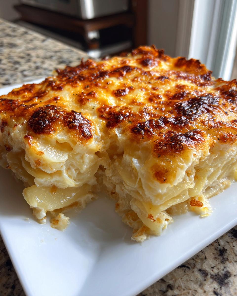 A rich, golden-brown slice of cheesy scalloped potatoes showing layered potatoes and a creamy sauce.
