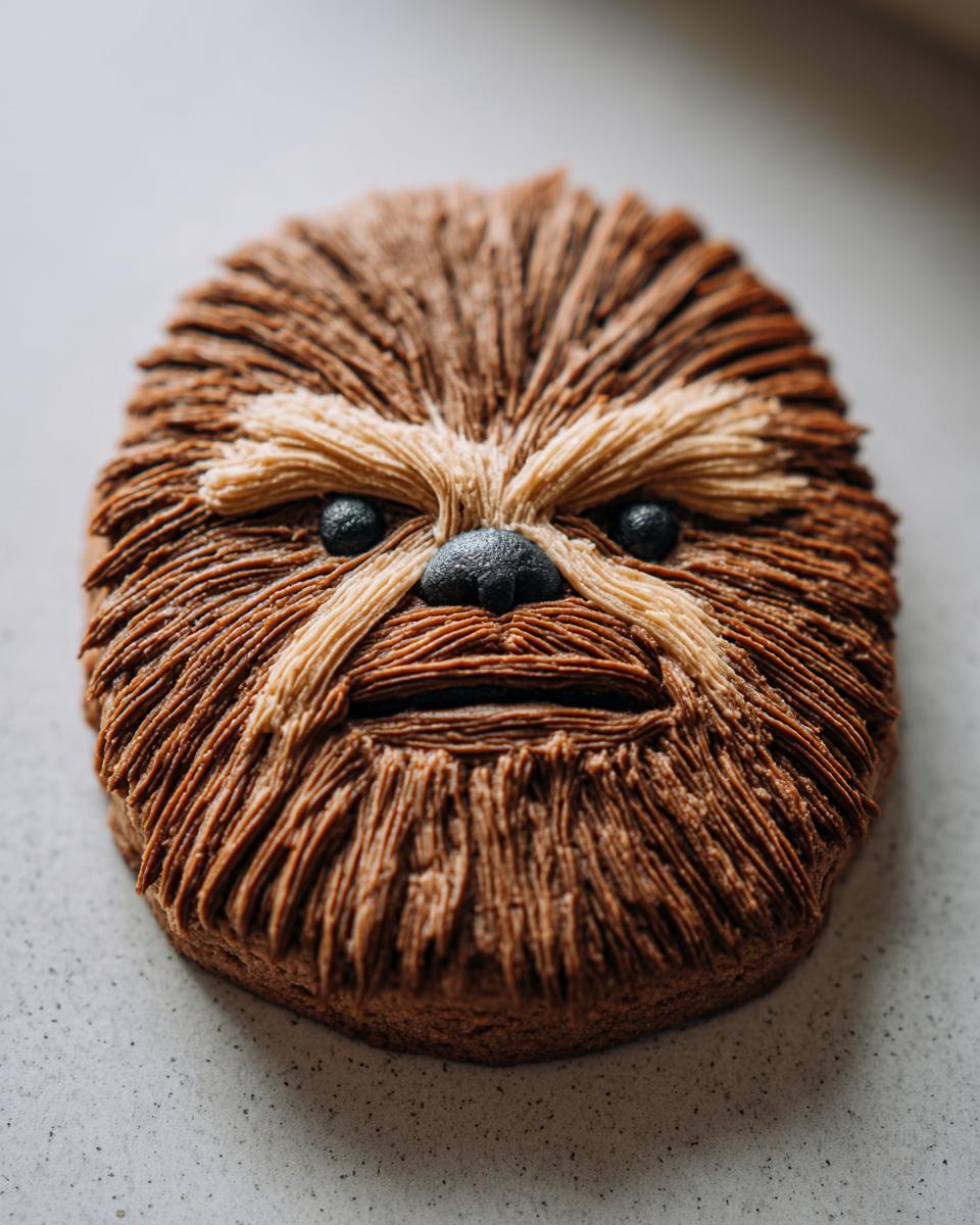 Close-up of a detailed gingerbread cookie decorated to look like Chewbacca's face, using piped brown frosting for fur.