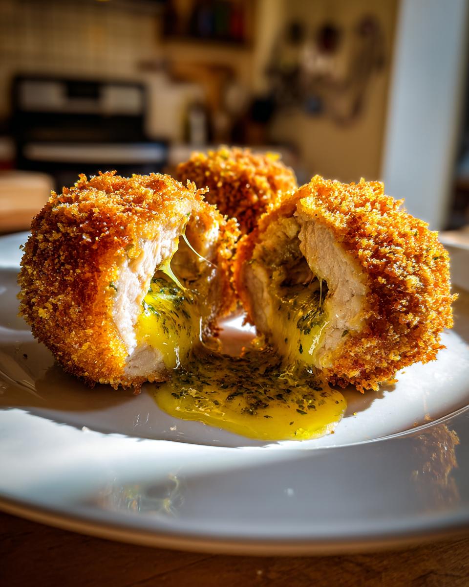 Close-up of a Chicken Kiev recipe item cut open, showing melted herb butter oozing out onto a white plate.