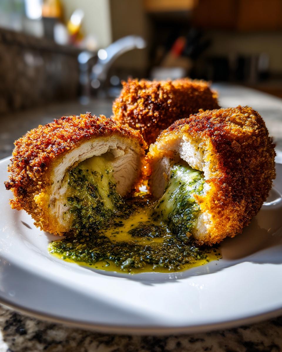 Cross-section of a golden-brown Chicken Kiev showing melted garlic butter and herbs spilling onto a white plate.