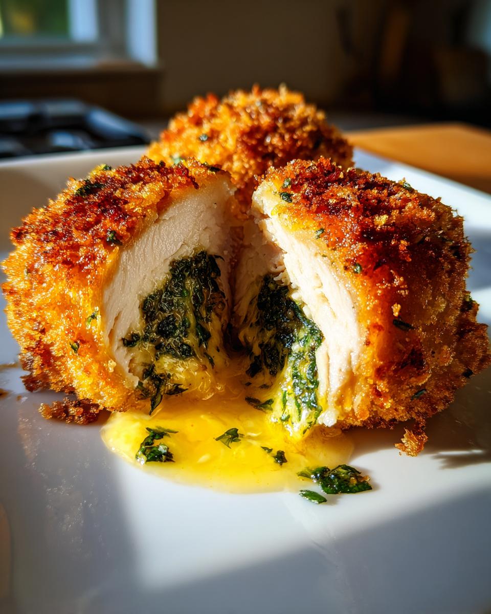 Close-up of a Chicken Kiev recipe cut in half, showing melted herbed butter oozing out onto a white plate.