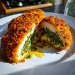Cross-section of a golden-brown Chicken Kiev recipe showing melted herb butter and filling oozing onto a white plate.