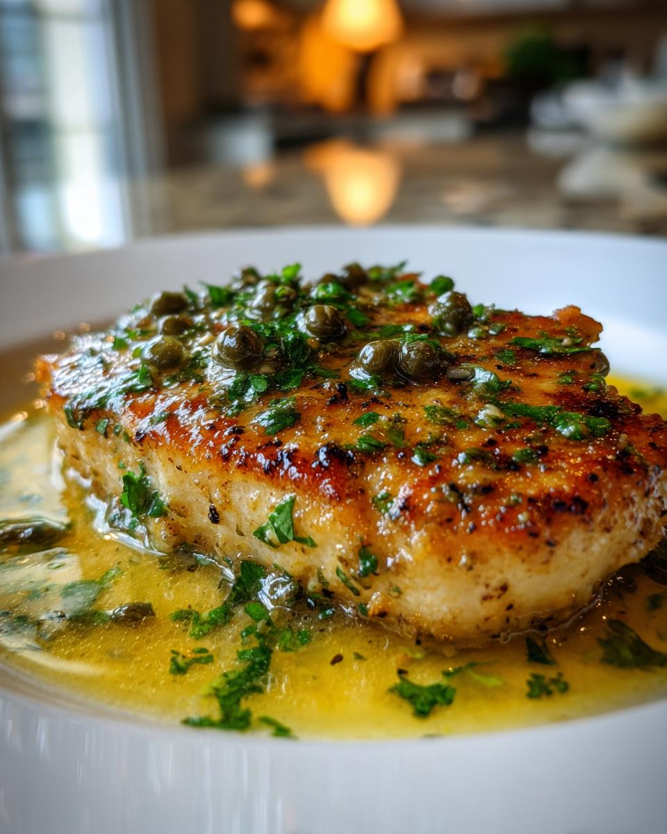 Close-up of a perfectly seared piece of Chicken Piccata swimming in a bright, buttery lemon-caper sauce topped with fresh parsley.