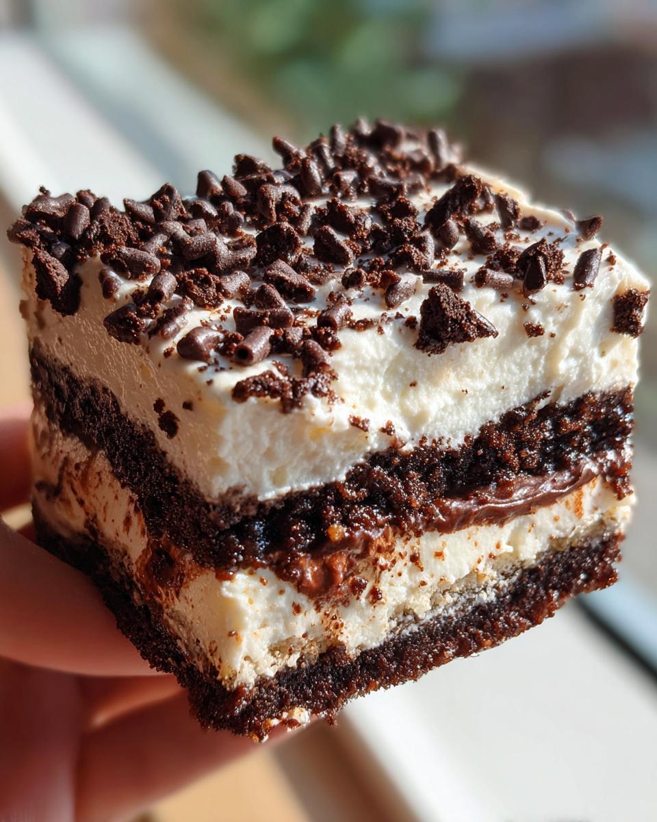 Close-up of a layered slice of Chocolate chip cookie lasagna showing dark cookie layers and white cream filling, topped with chocolate sprinkles.