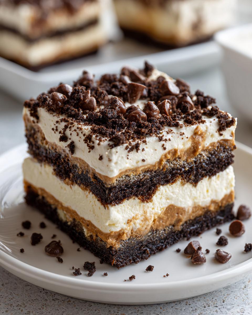 A decadent square slice of Chocolate chip cookie lasagna showing layers of dark crust, cream, peanut butter filling, and topped with whipped cream and chips.