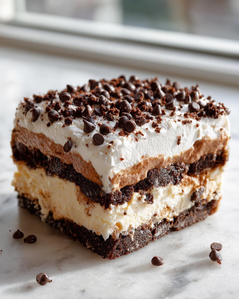 A decadent square slice of Chocolate chip cookie lasagna showing layers of brownie, cream filling, chocolate mousse, and whipped topping.