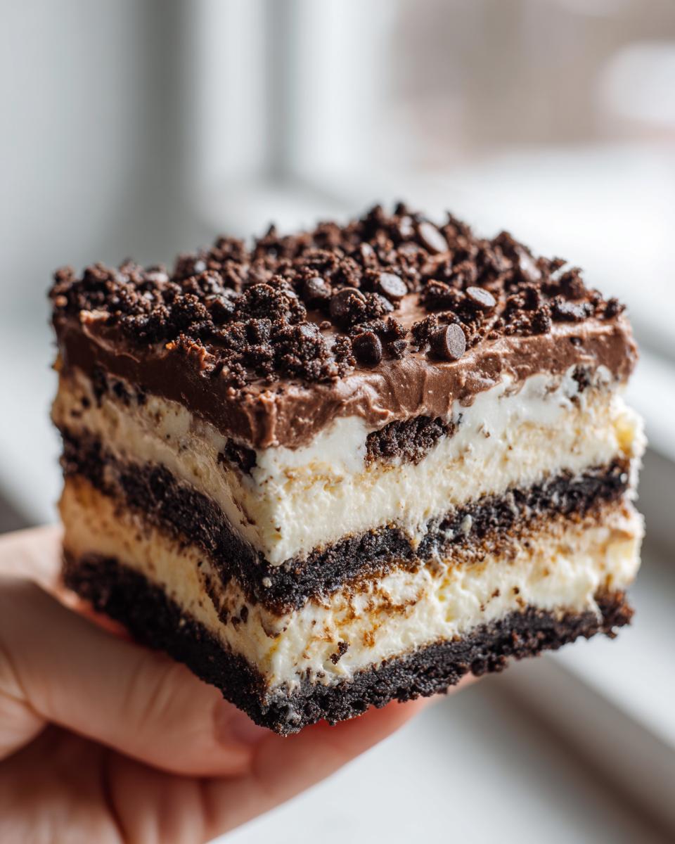 A handheld square slice of rich Chocolate chip cookie lasagna showing layers of cream, chocolate, and cookie crust.