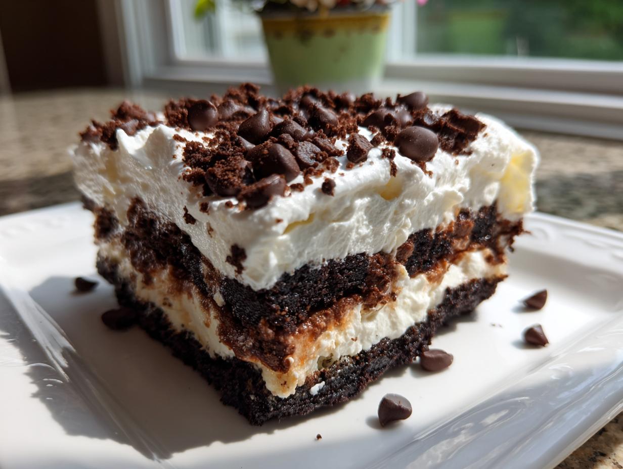 A rich, layered slice of Chocolate chip cookie lasagna featuring dark cookie layers, cream filling, and a topping of whipped cream and chocolate chips.