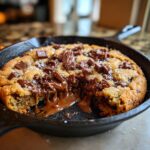 A warm Chocolate Chip Skillet Cookie with molten chocolate oozing out, topped with chocolate chunks and sea salt in a cast iron pan.