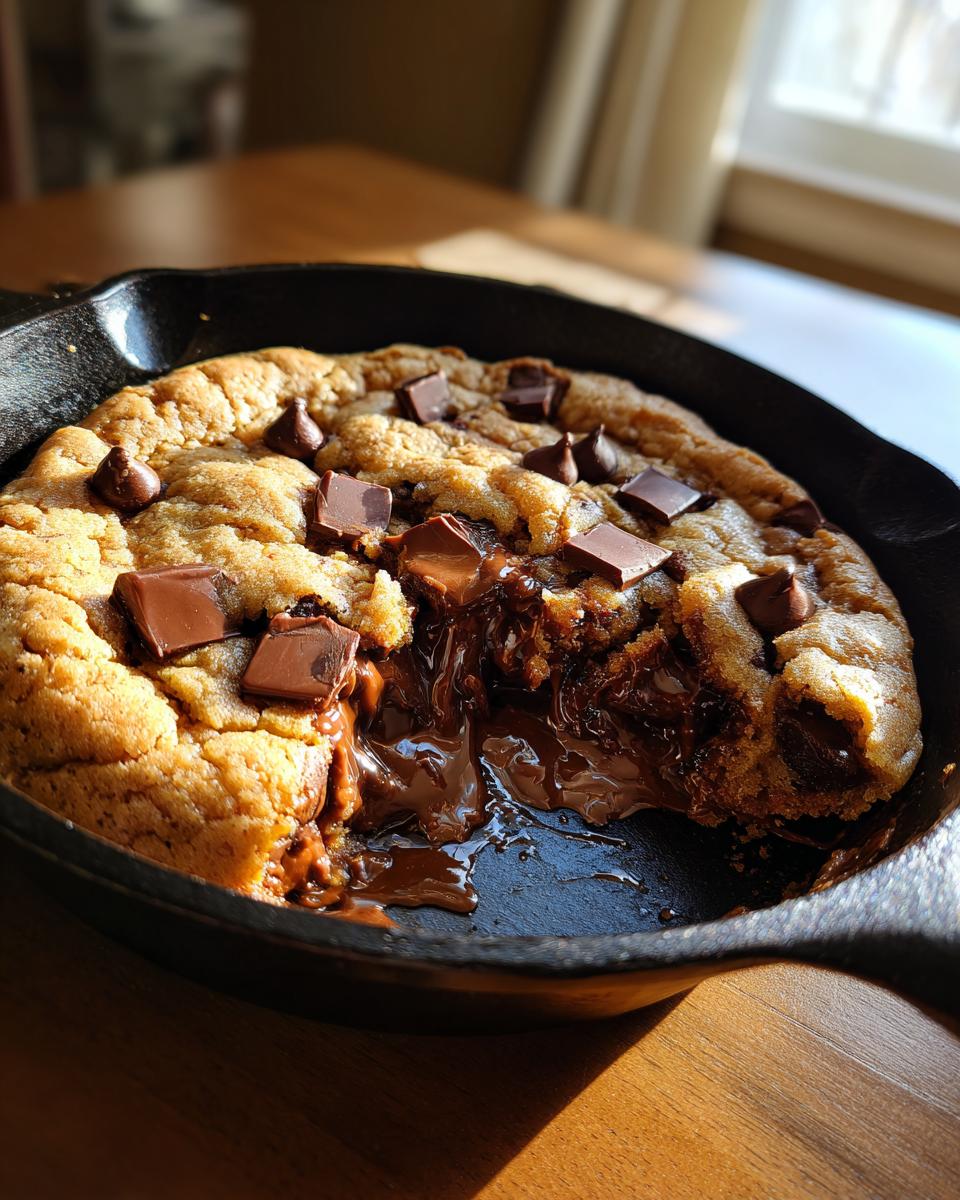 A warm Chocolate chip skillet cookie with a gooey, melted center served in a black cast iron pan.