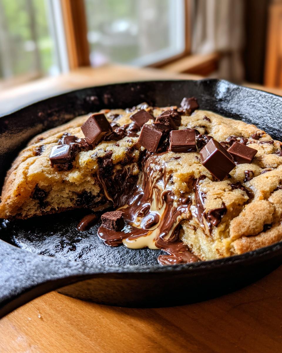 A freshly baked Chocolate Chip Skillet Cookie in a cast iron pan with a section removed, showing gooey melted chocolate.