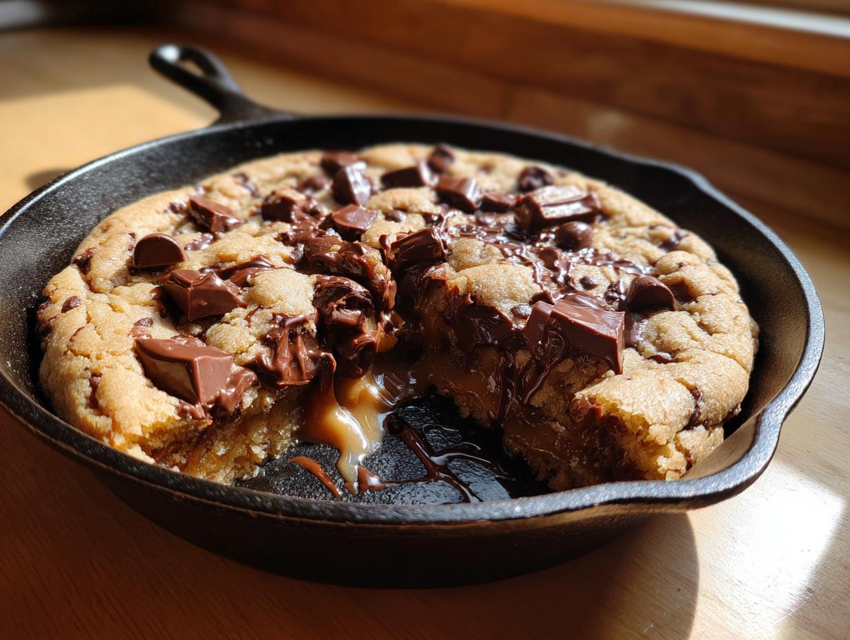 A warm, gooey Chocolate Chip Skillet Cookie with melted chocolate chunks being scooped out of a black cast iron pan.