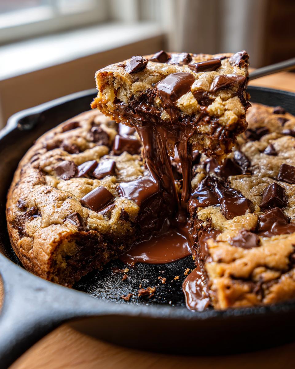A slice of warm Chocolate Chip Skillet Cookie is lifted, showing melted chocolate dripping down into the pan.