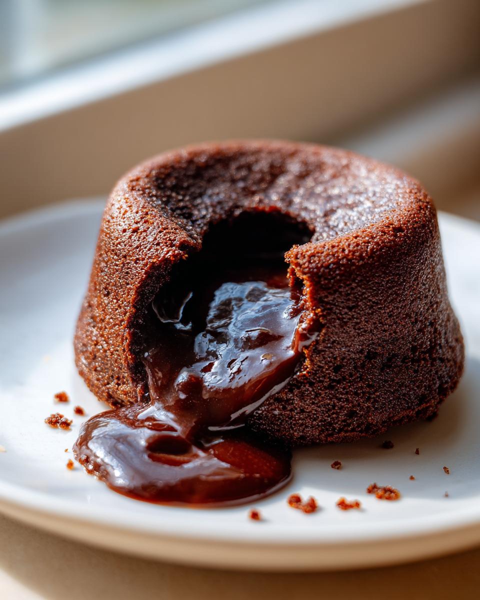 Close-up of a freshly baked chocolate lava cake with warm, molten chocolate oozing out onto a white plate.