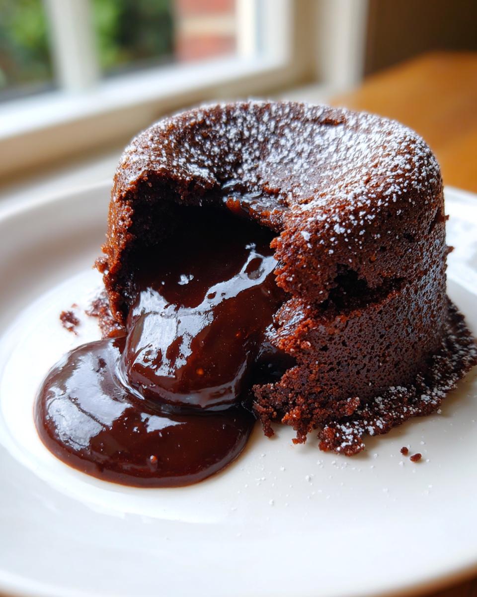 A close-up of a rich chocolate lava cake dusted with powdered sugar, showing the molten chocolate flowing out.