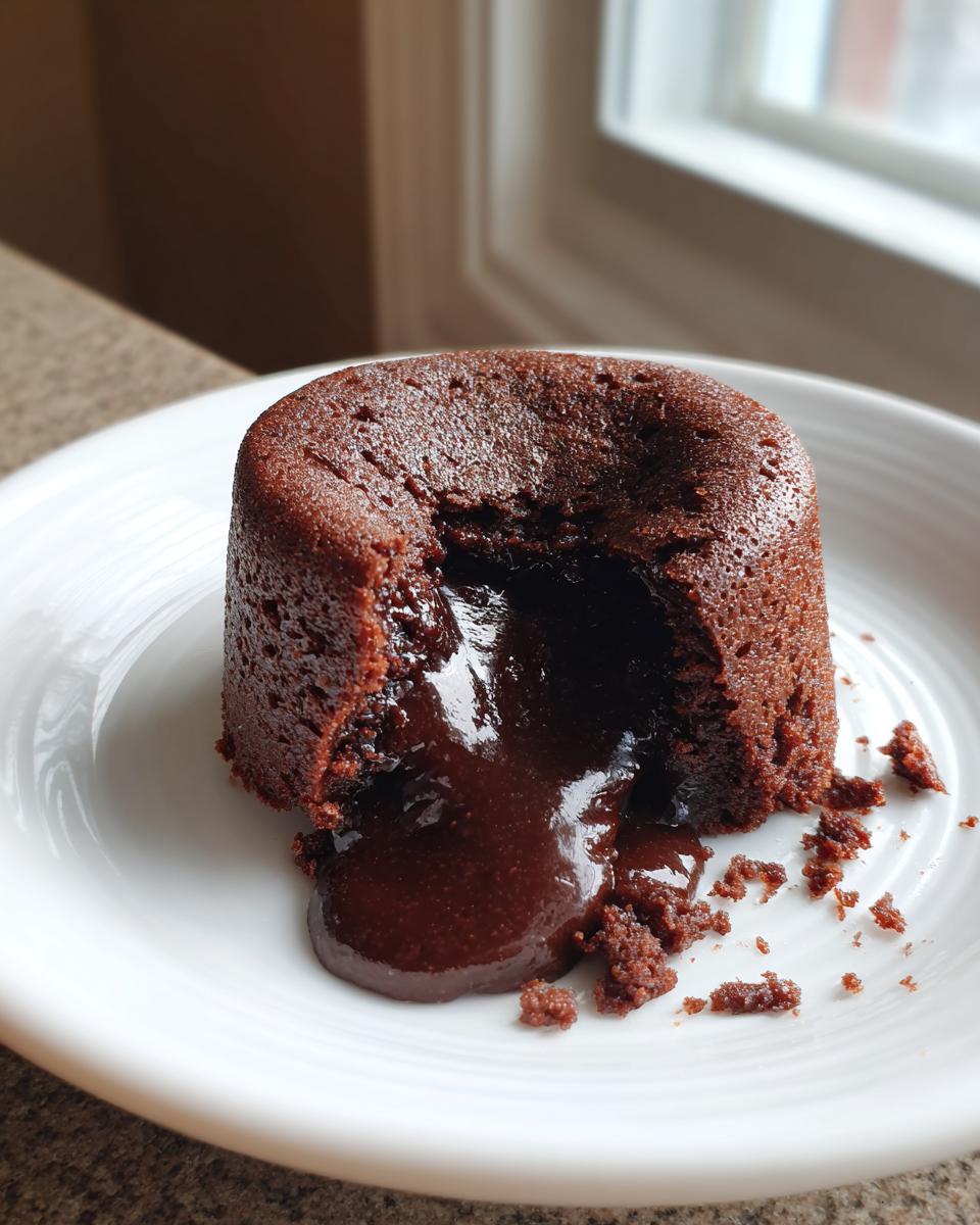 Close-up of a freshly baked chocolate lava cake with molten chocolate oozing out onto a white plate.
