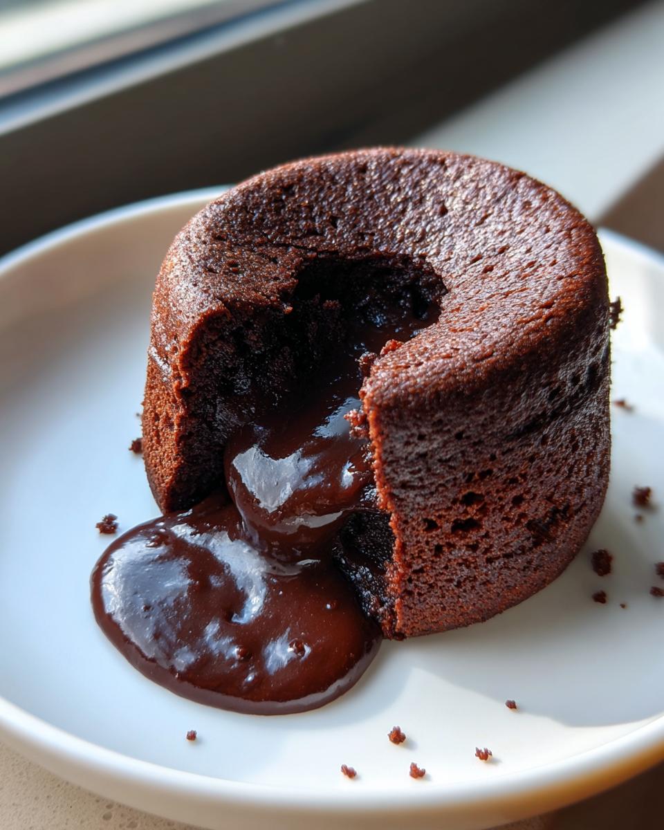 A decadent chocolate lava cake with a piece removed, showing the rich, molten chocolate flowing out onto a white plate.