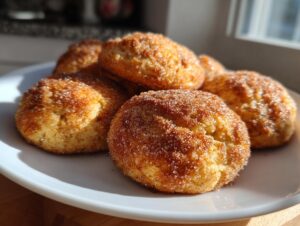 A close-up of several golden brown cinnamon sugar biscuits piled on a white plate, sparkling with sugar crystals.