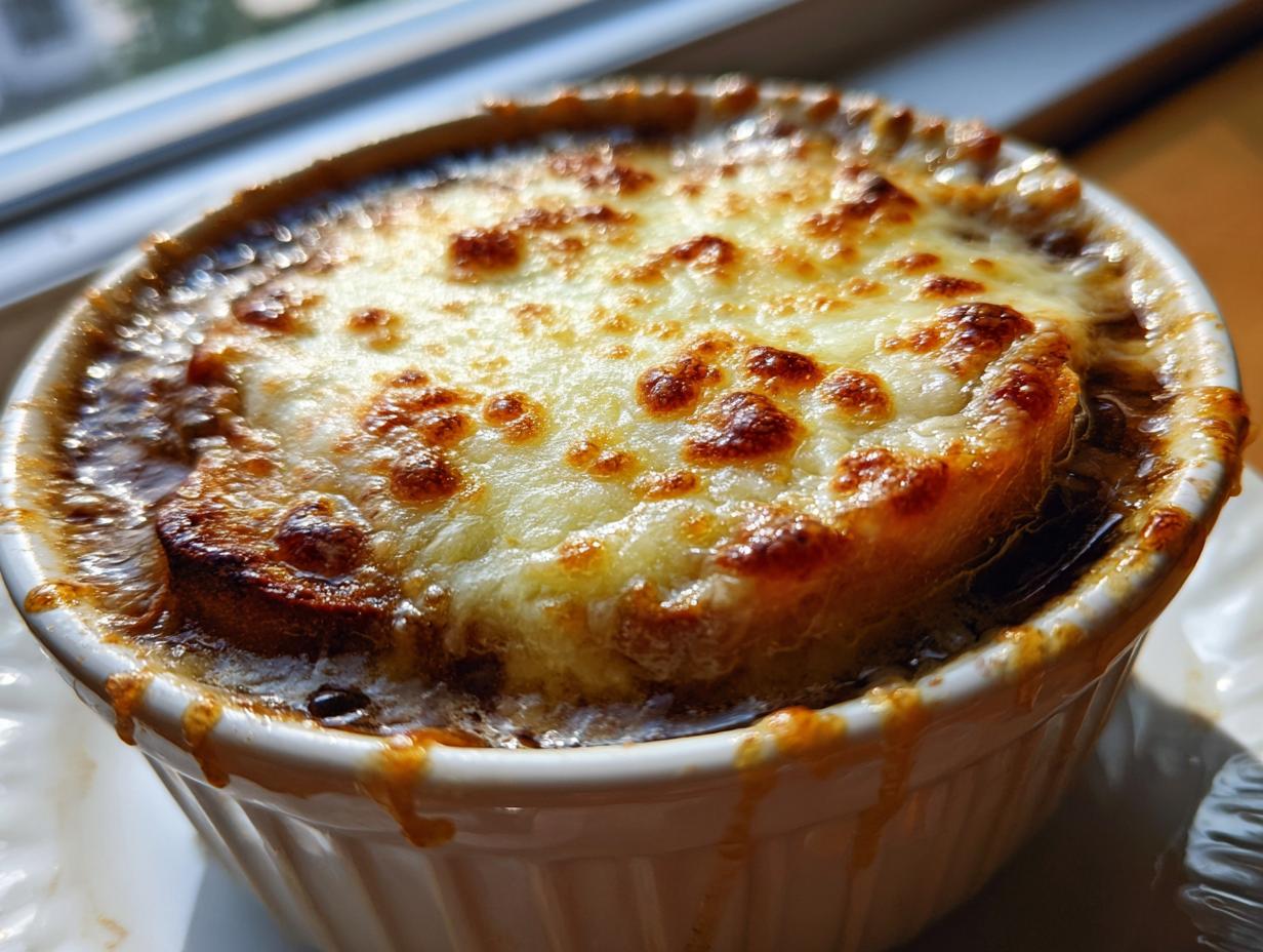 Close-up of a piping hot Classic French onion soup topped with a thick layer of melted, browned cheese.