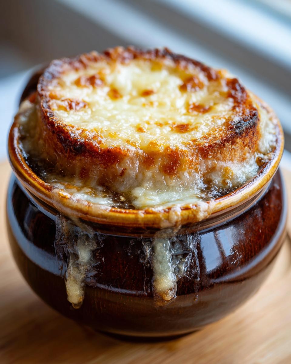 Close-up of Classic French onion soup in a brown crock with melted, bubbly cheese overflowing down the sides.