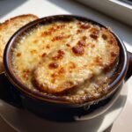 Close-up of Classic French onion soup in a crock with a thick layer of melted, browned cheese over crouton.