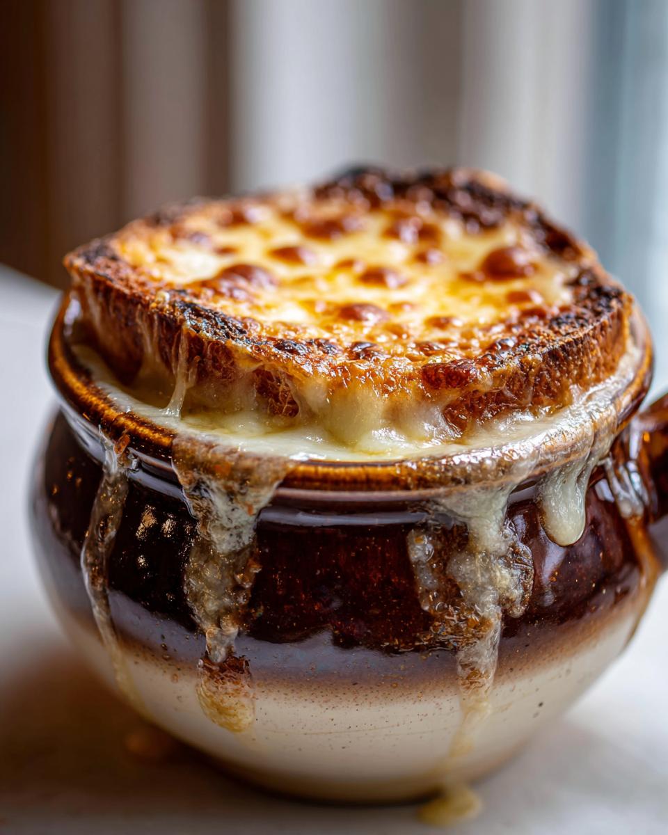Close-up of Classic French onion soup topped with a thick layer of broiled, melted Gruyère cheese and crouton.