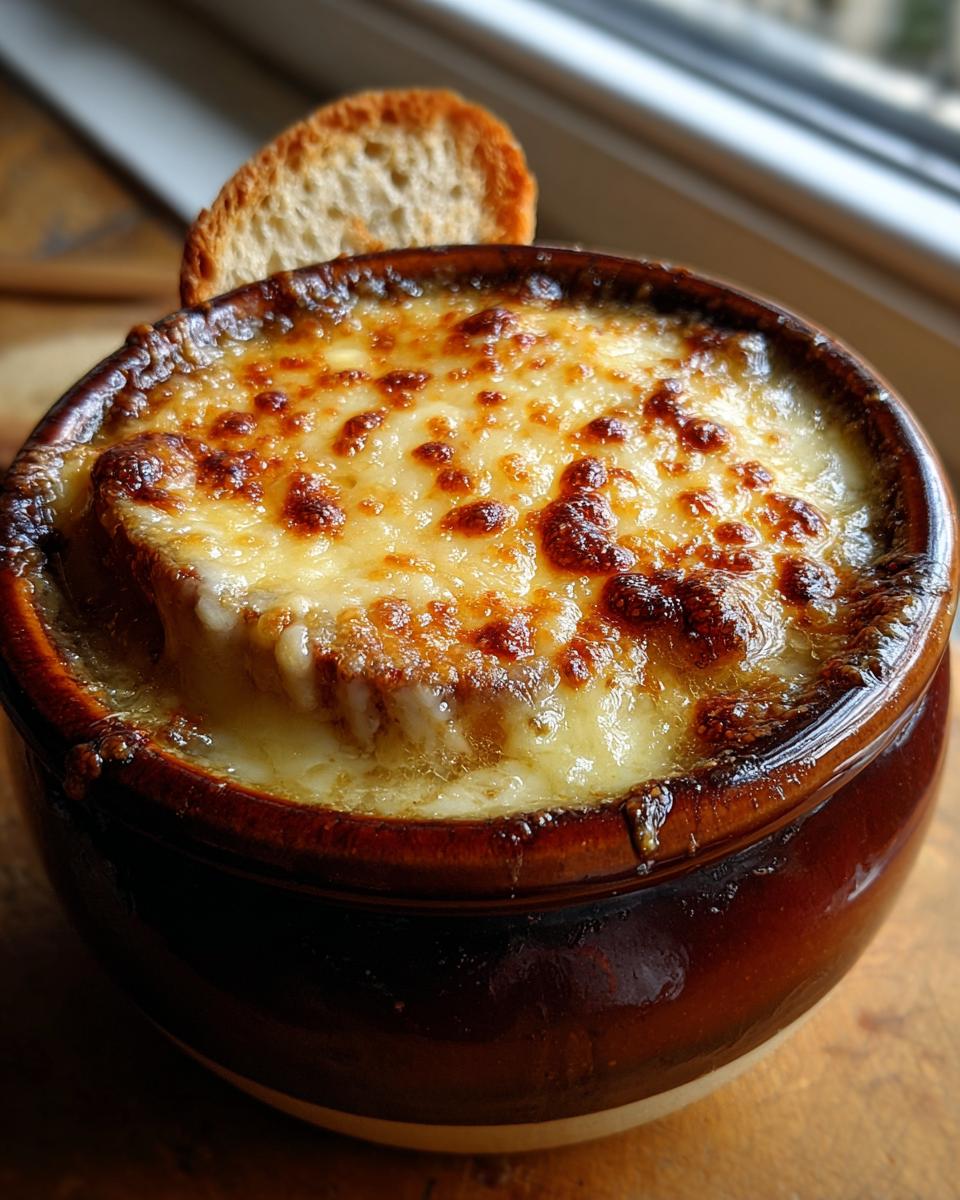 Close-up of Classic French onion soup with a thick layer of bubbly, browned Gruyère cheese topping.
