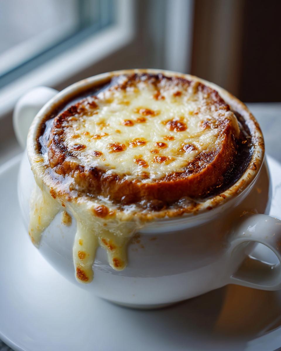 Close-up of a bowl of Classic French onion soup topped with a thick layer of melted, browned cheese over crouton.