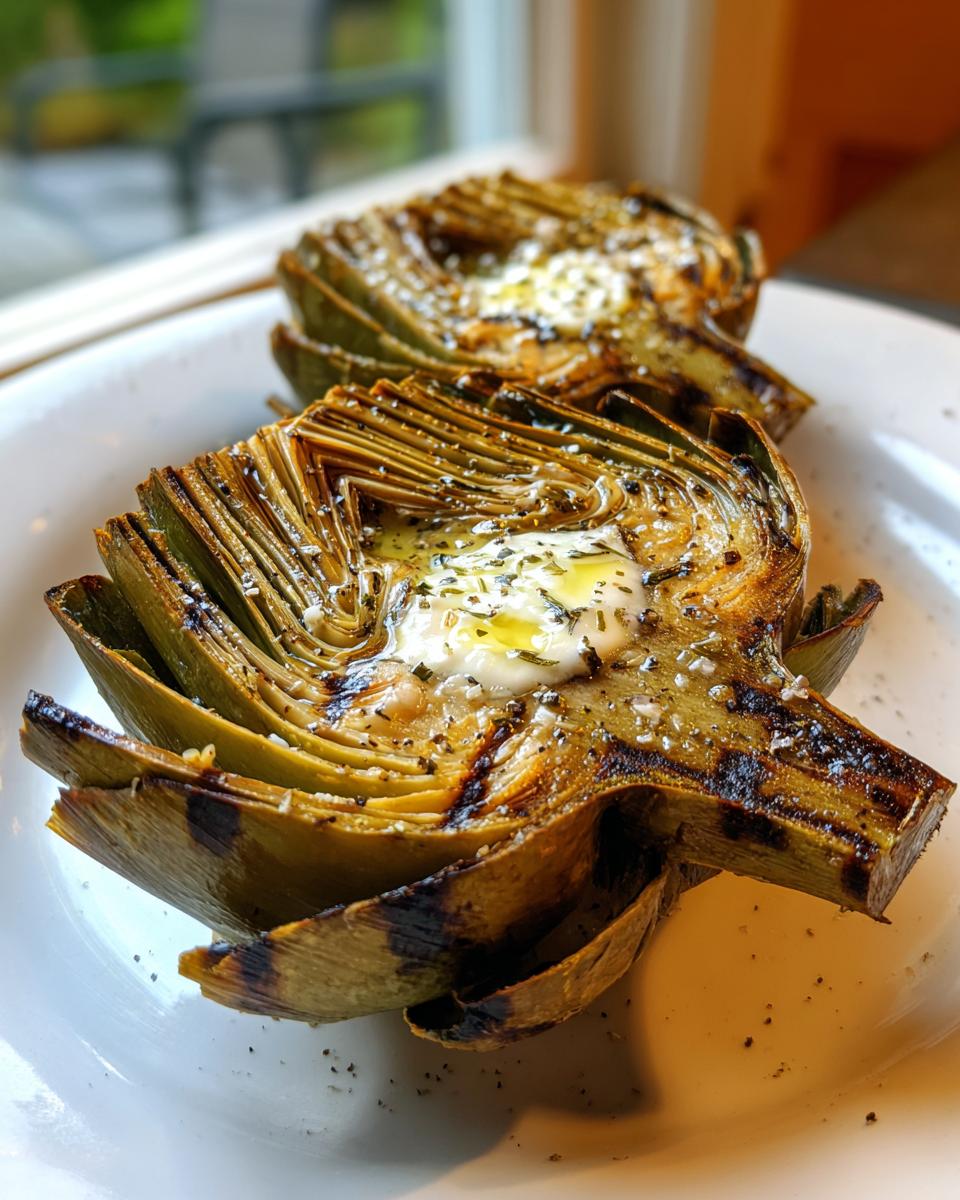 Two halves of classic grilled artichokes, seasoned with salt and herbs, topped with melted butter.