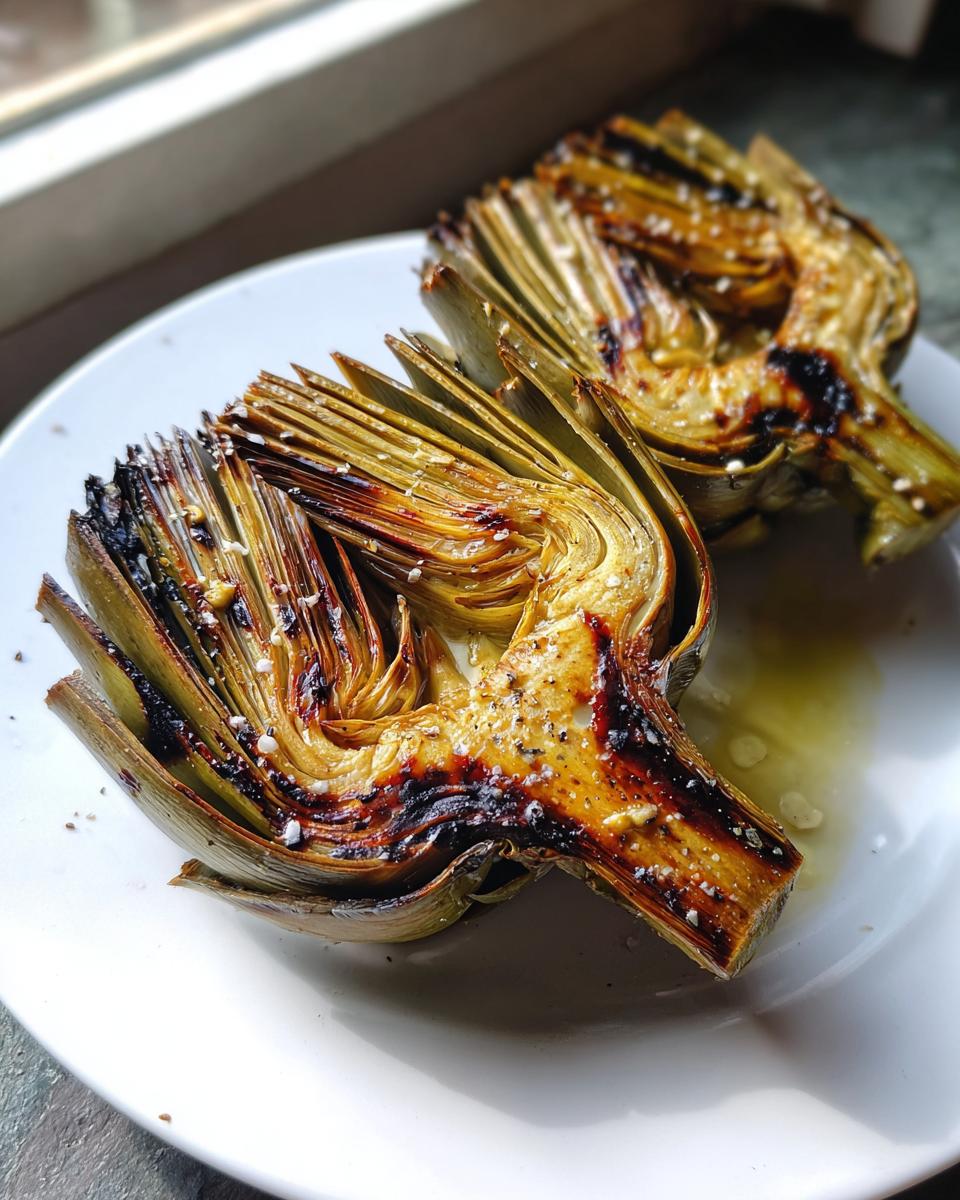 Two halves of perfectly cooked Classic grilled artichokes seasoned with coarse salt and pepper on a white plate.
