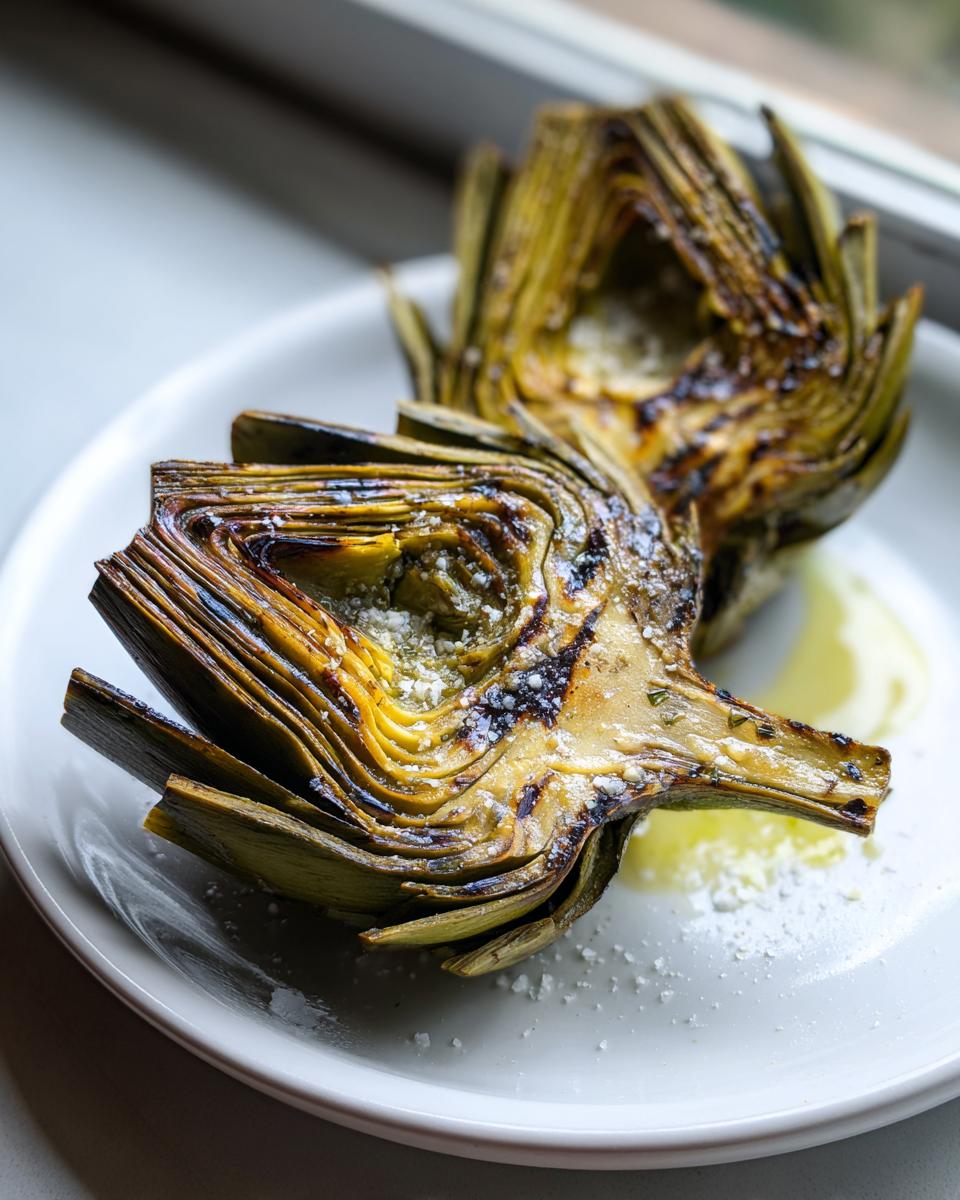 Two halves of Classic grilled artichokes, charred from the grill and topped with grated cheese and coarse salt.