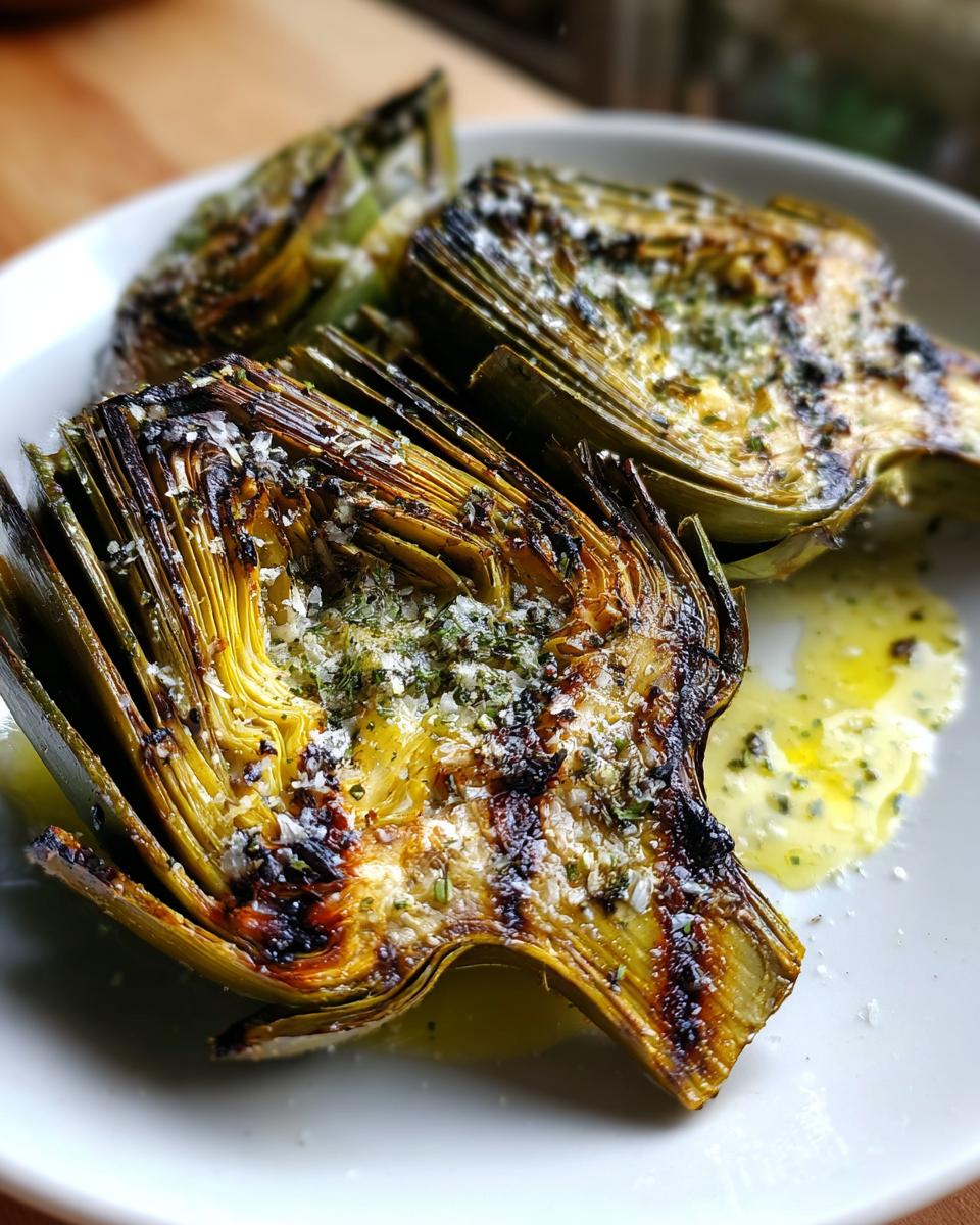 Close-up of halved Classic grilled artichokes seasoned with herbs and cheese, resting in olive oil on a white plate.