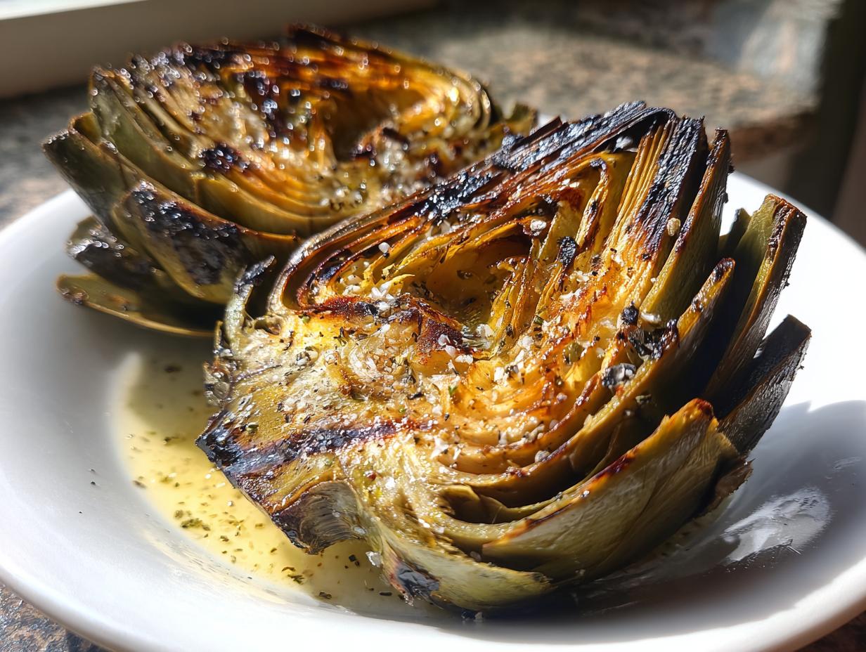 Close-up of two halves of classic grilled artichokes seasoned with salt and herbs, sitting in butter sauce.