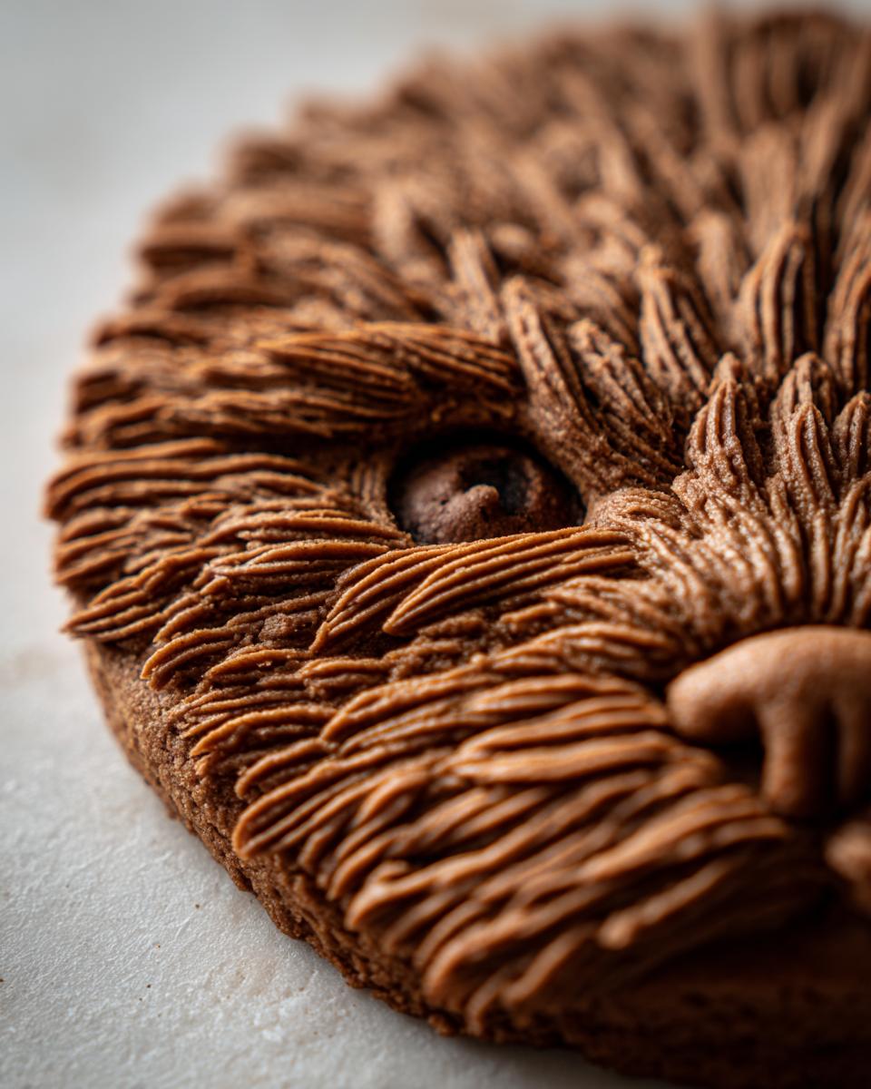 Extreme close-up of a richly textured Ewok gingerbread cookie decorated with piped brown frosting to resemble fur.