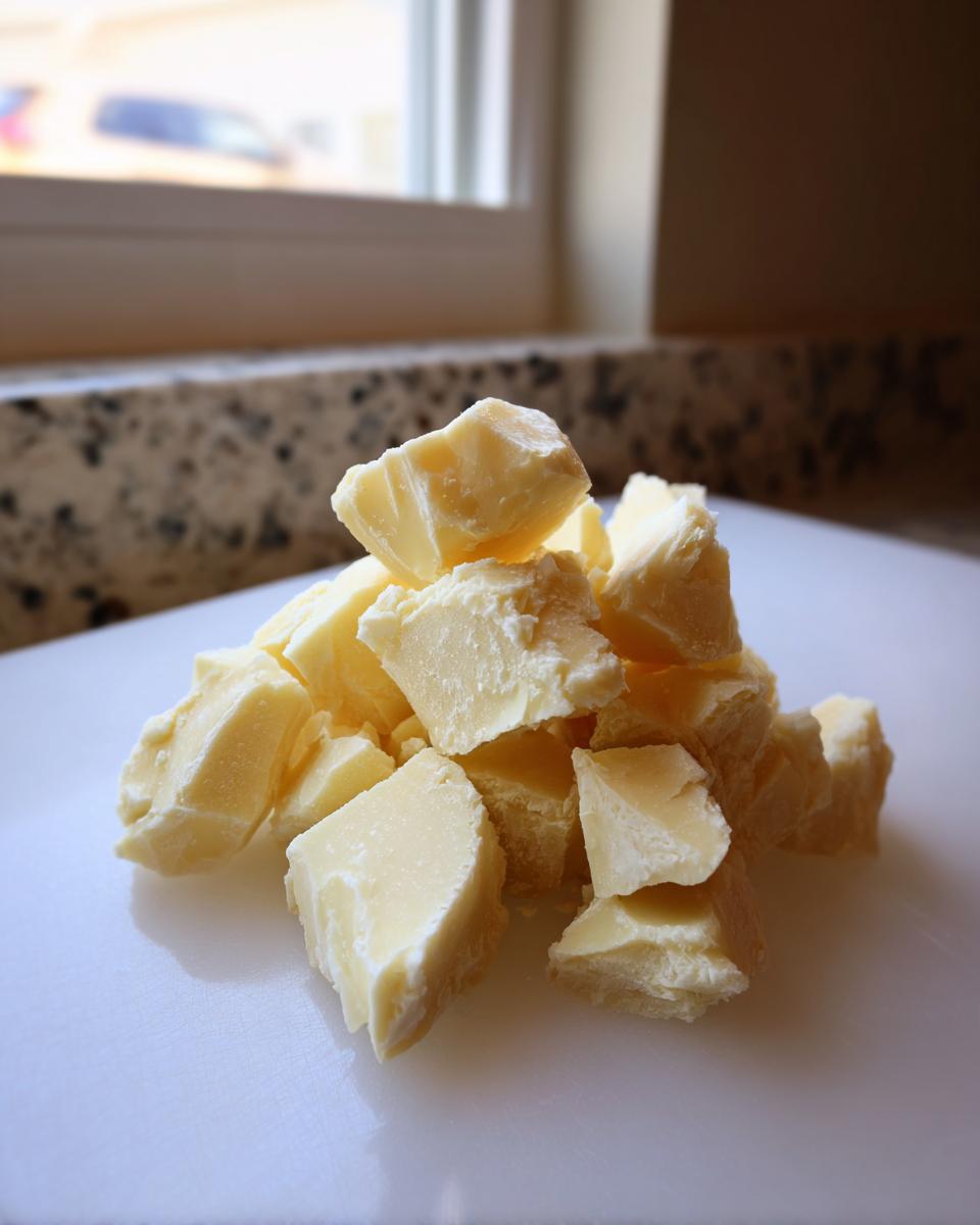 A pile of pale yellow cocoa butter chunks, a key ingredient for the salted taffy recipe.