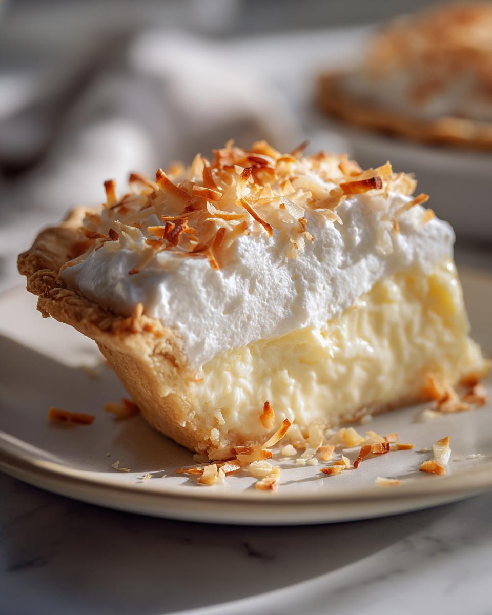 A close-up of a perfect slice of Coconut Cream Pie featuring creamy filling, whipped topping, and toasted coconut flakes.