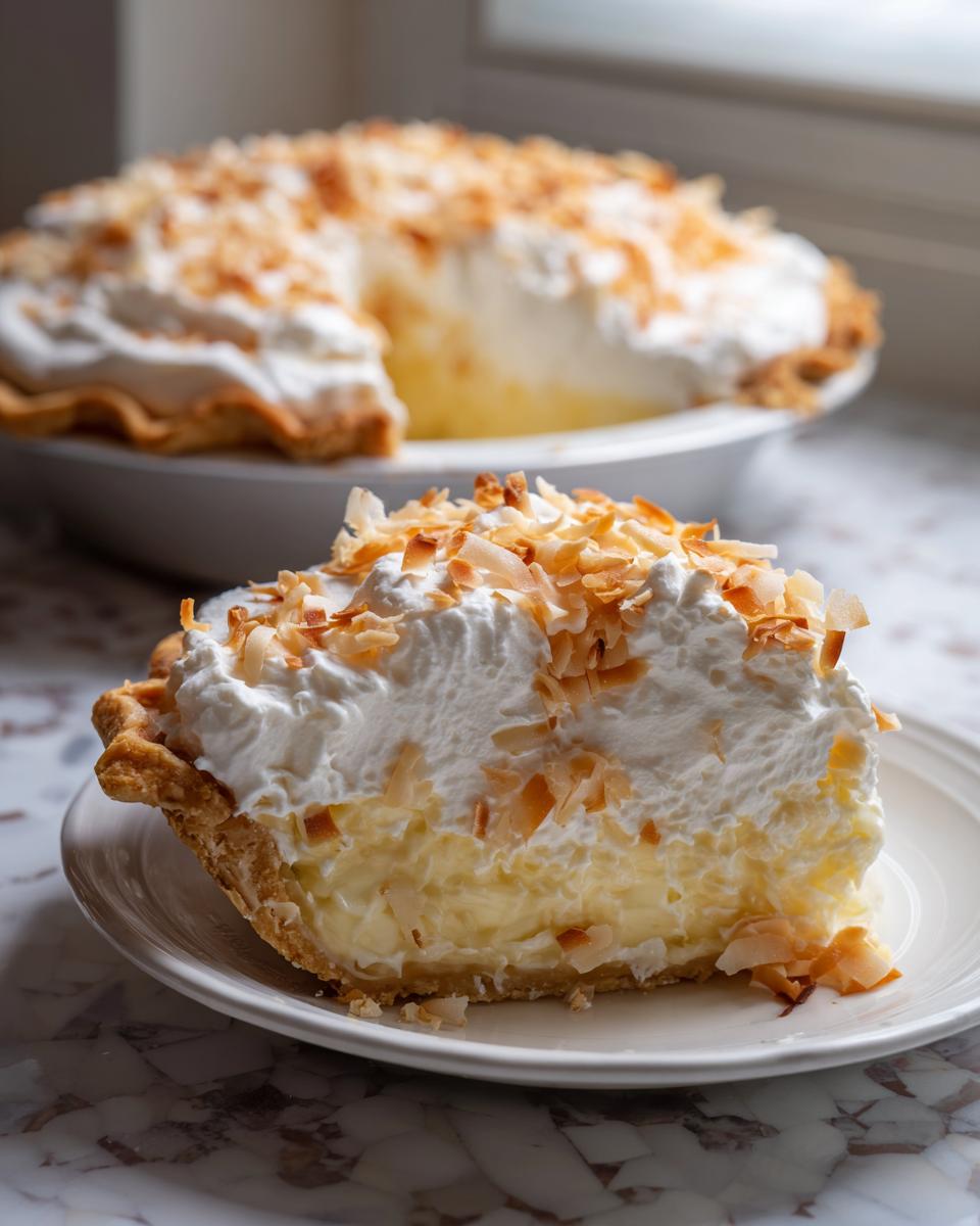 A close-up slice of rich Coconut Cream Pie featuring a thick custard layer, whipped cream, and toasted coconut flakes.