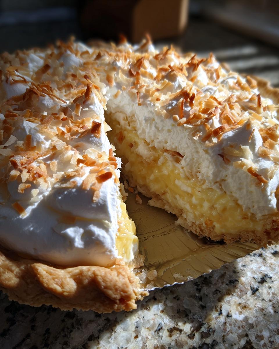 A close-up of a slice removed from a Coconut Cream Pie, showing the creamy filling and toasted coconut topping.