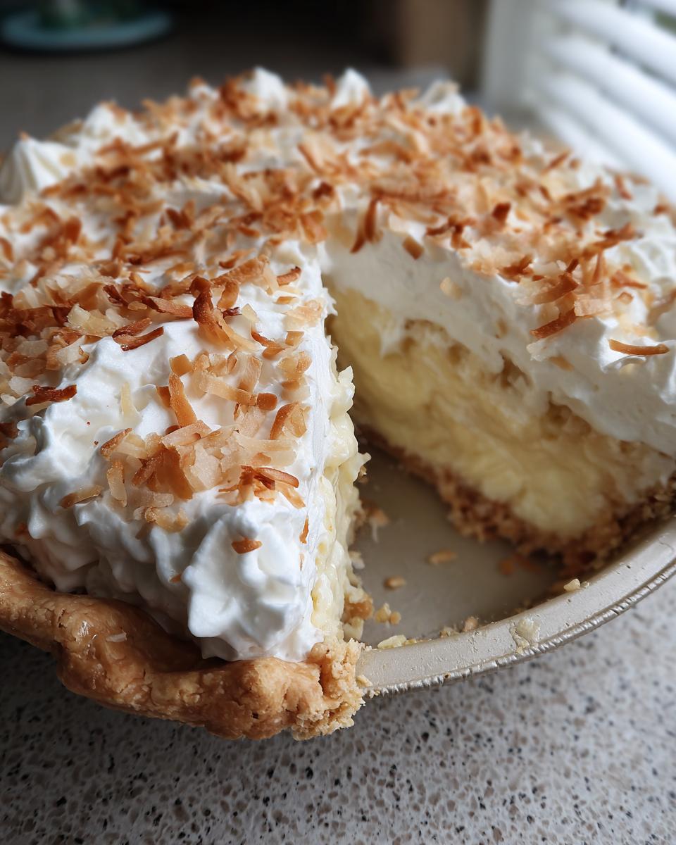 Close-up of a rich Coconut Cream Pie with a slice removed, topped with whipped cream and toasted coconut flakes.
