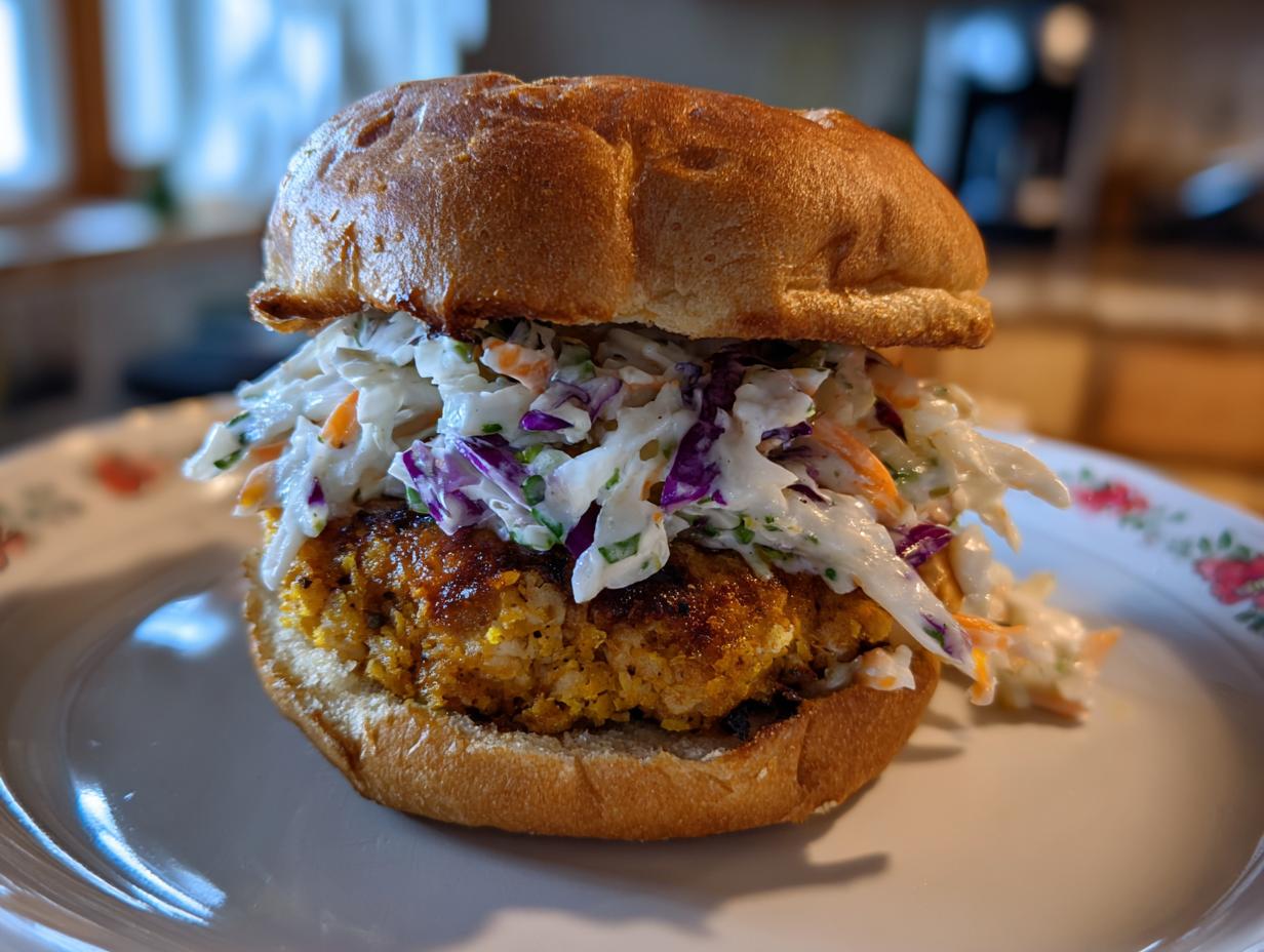 A close-up of a golden Coconut shrimp burger patty topped generously with colorful coleslaw on a toasted bun.