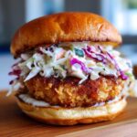 A close-up of a crispy Coconut shrimp burger topped high with colorful coleslaw on a brioche bun.